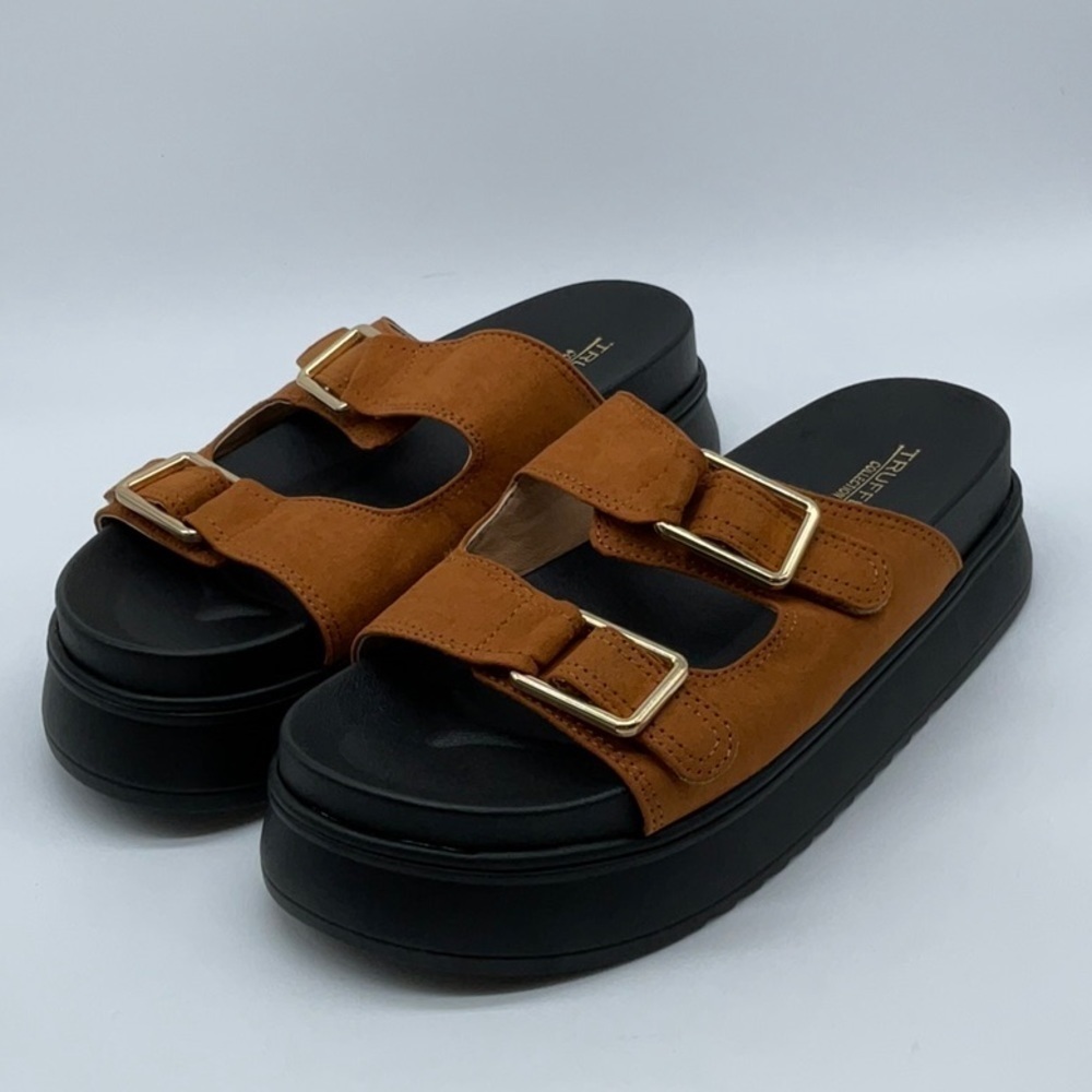 Truffle Collection chunky flatform sliders with double buckle in tan